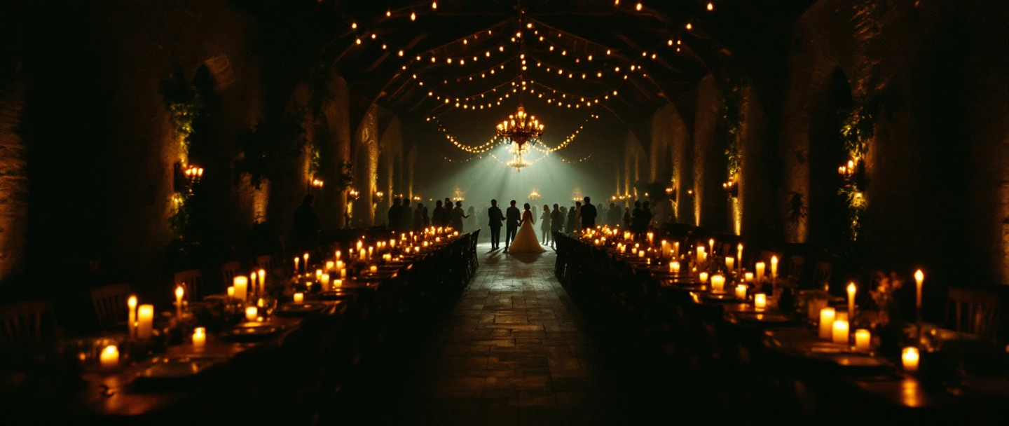 Wedding reception in a candlelit stone barn at night, with string lights above long tables and a couple dancing in the distance.